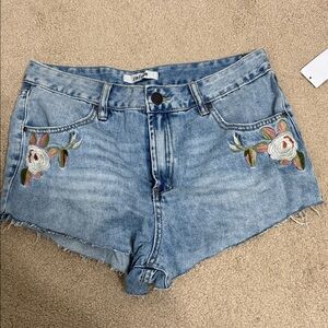 Refuge Blue Jean Shorts with Floral Embroidery